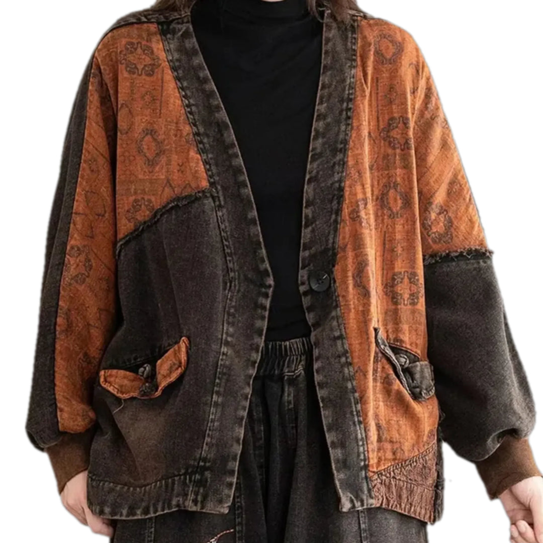 Boho Style Women's Jeans Chore Jacket - Brown