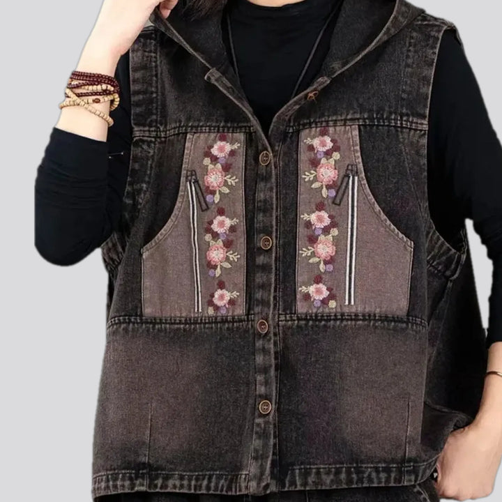 Boho style embroidered women's jeans vest