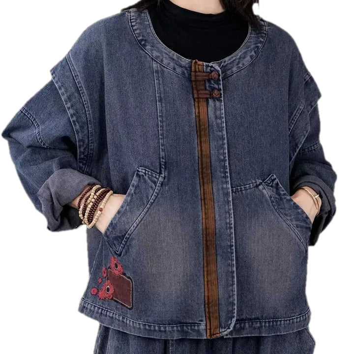 Floral Collarless Retro Women's Jean Jacket - Blue