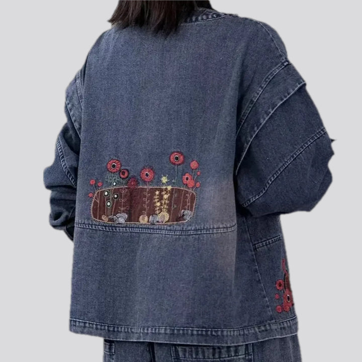 Floral collarless retro women's jean jacket