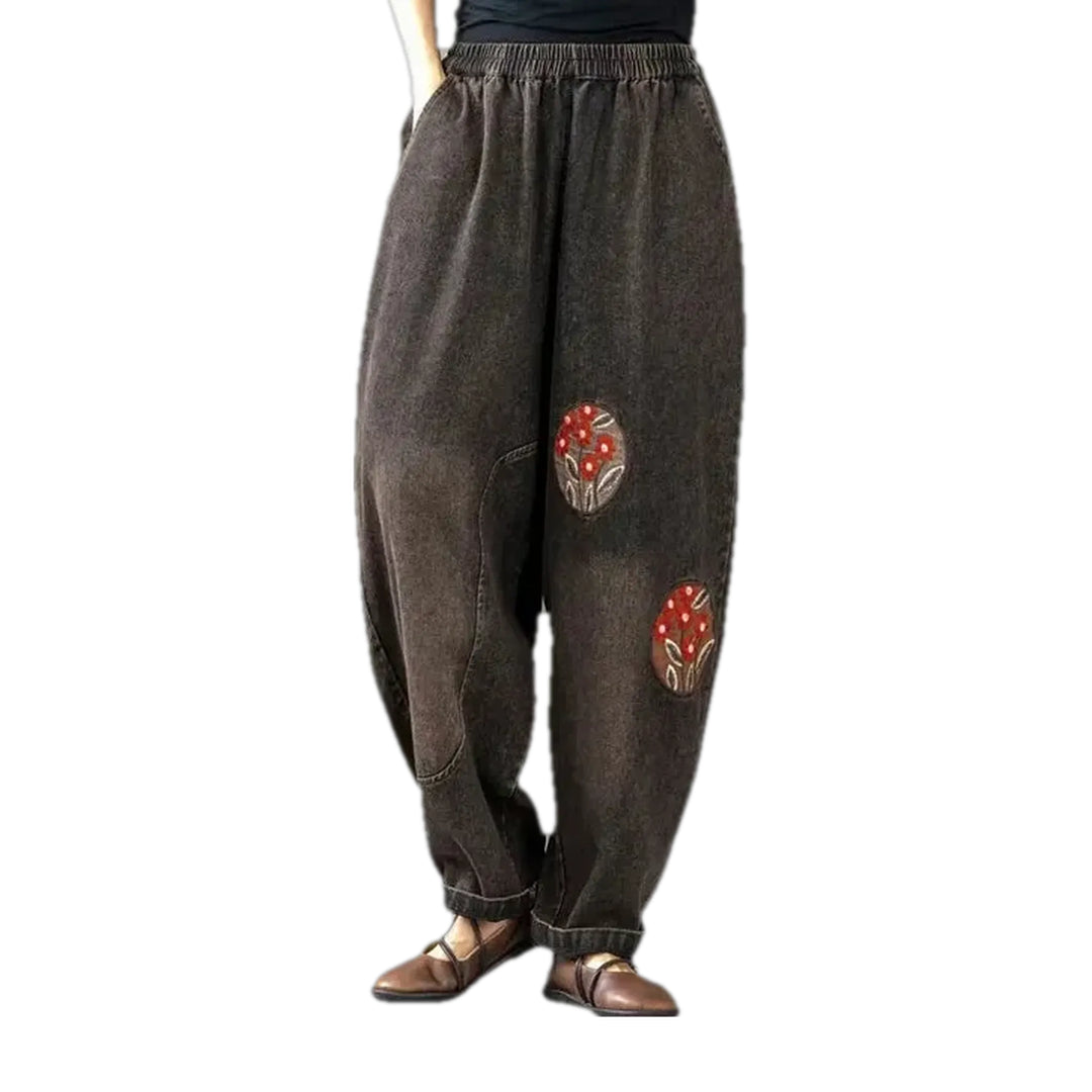 Embroidered Retro Women's Jean Joggers - Grey