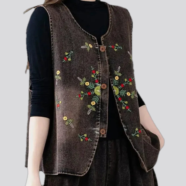 Embroidered women's jean vest