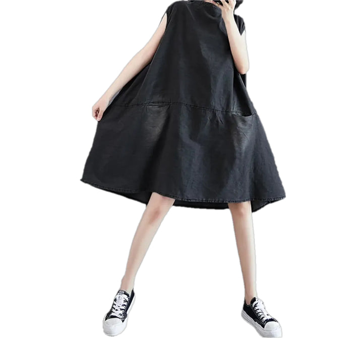 Stylish Mid-length Abraded A-line Jeans Dress - Black