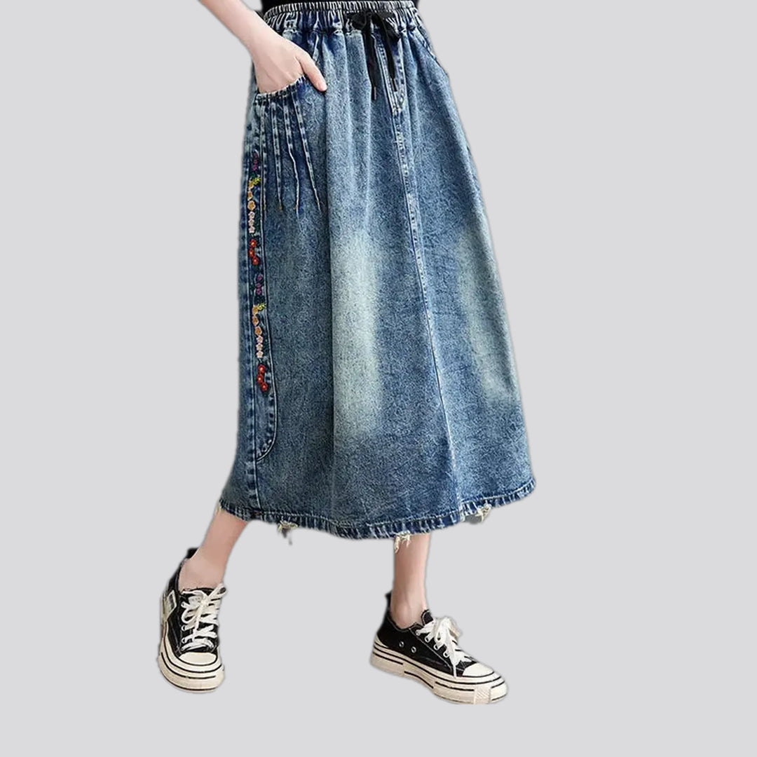 Boho style raw hem denim skirt