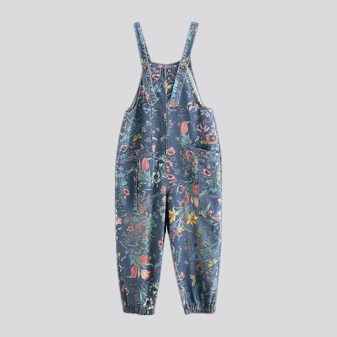 Floral print denim overall for ladies