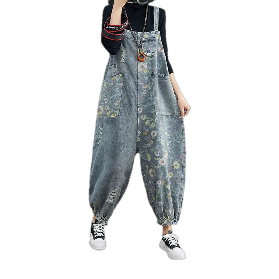 Trendy Floral Boho Baggy Women's Jeans Dungaree - Grey