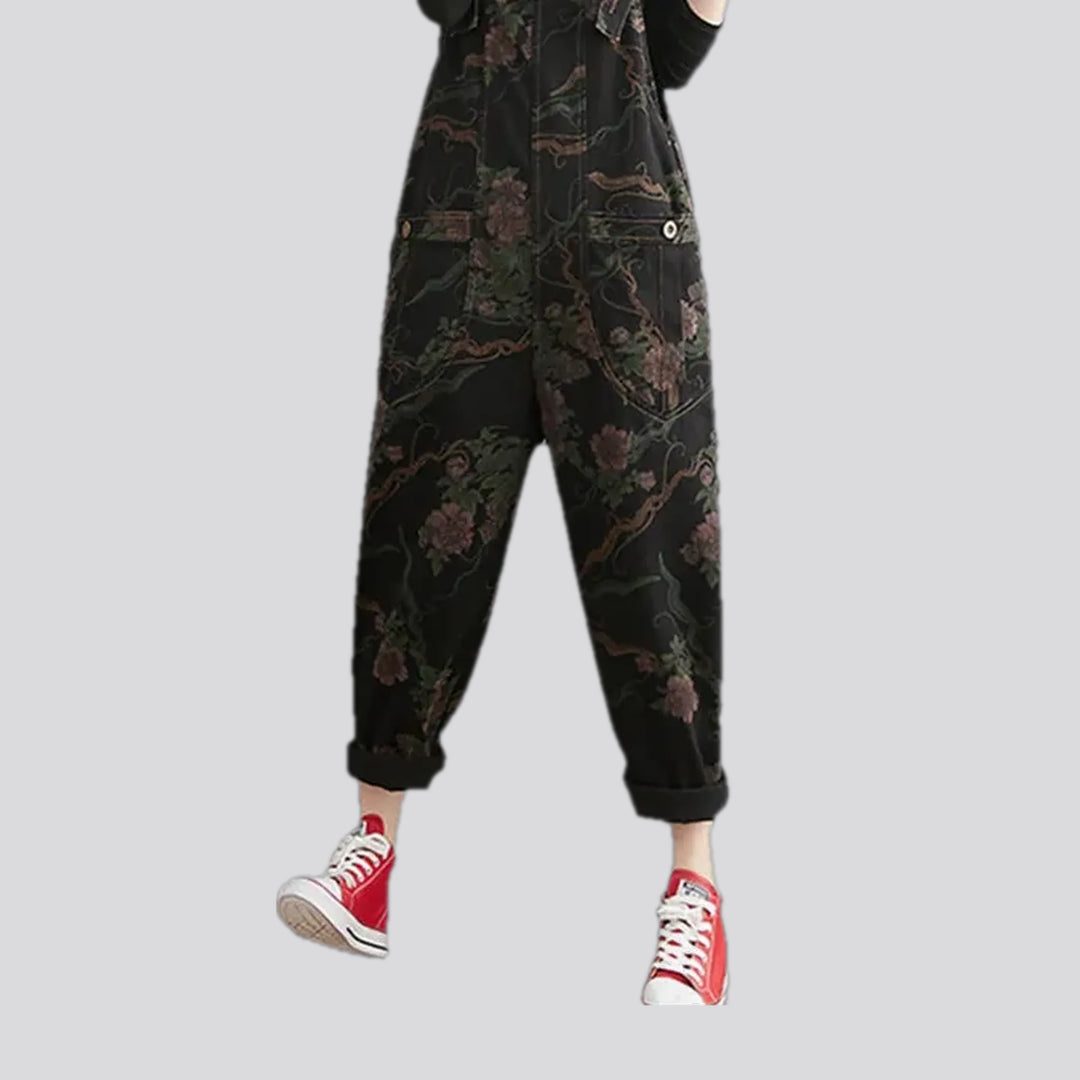 Baggy fit floral pattern women's denim overall