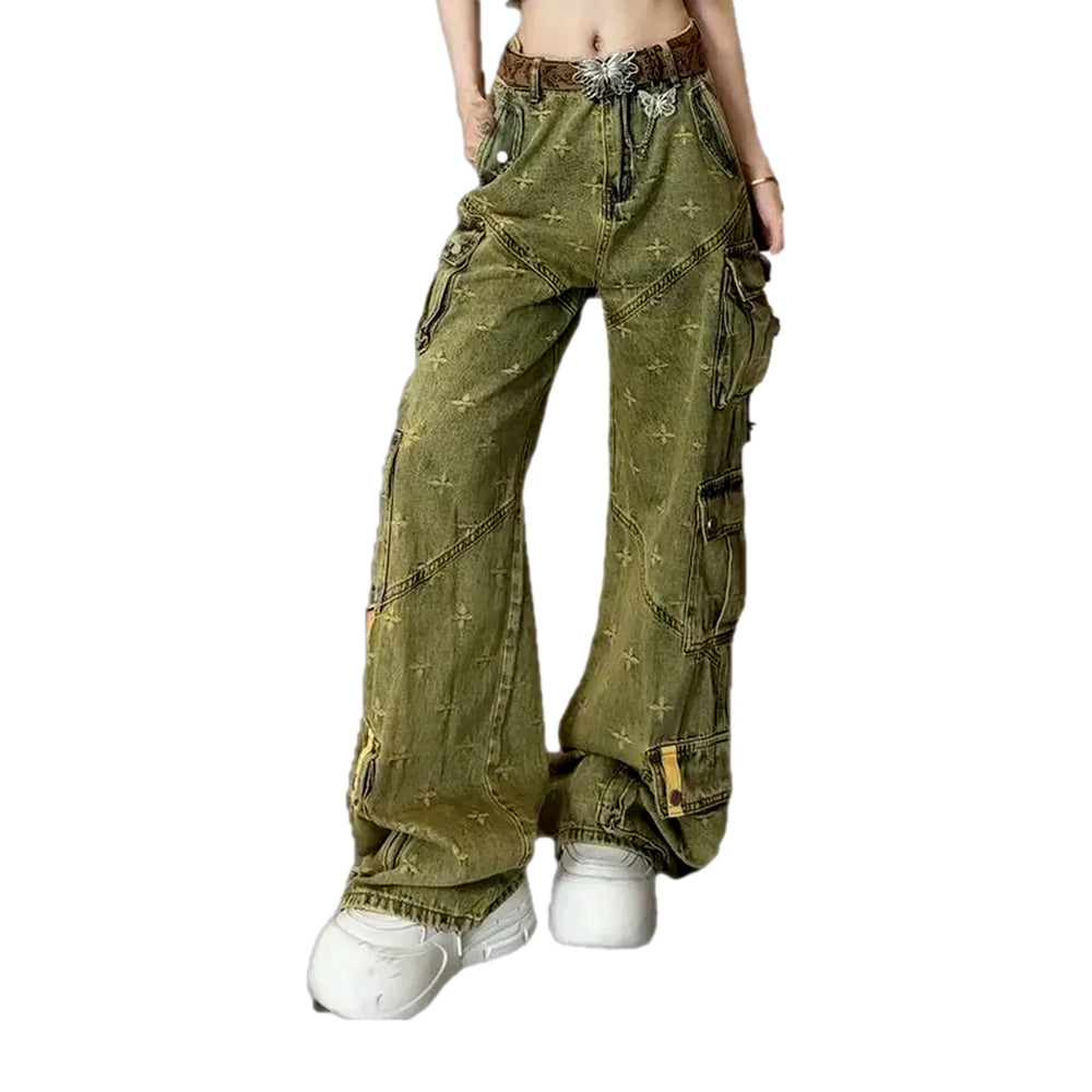 High-rise Cargo Slouchy Jeans for Women - Khaki