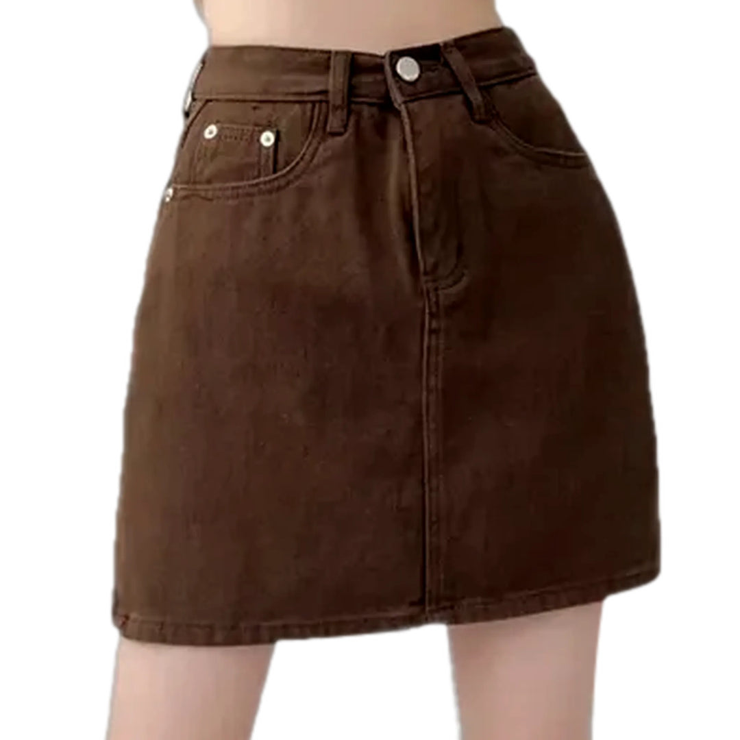 High Waist Color Denim Jean Skirt - Brown