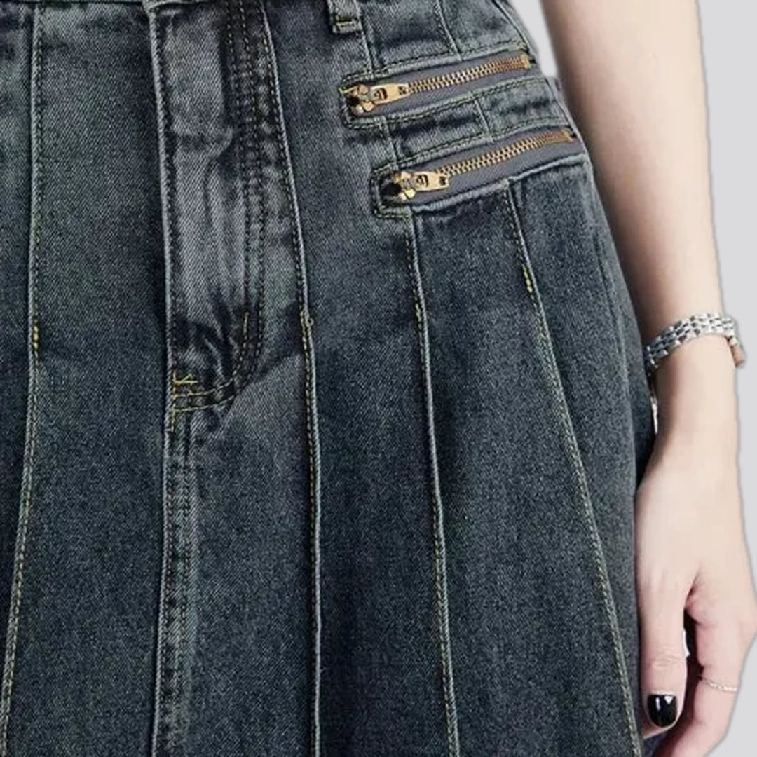 Plaited casual midi denim skirt