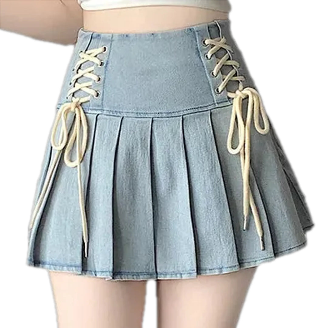 High Waist Bleached Denim Skort - Light Blue