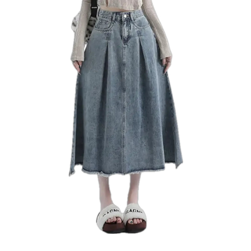 High Waist Pleated Casual Jean Skirt - Grey