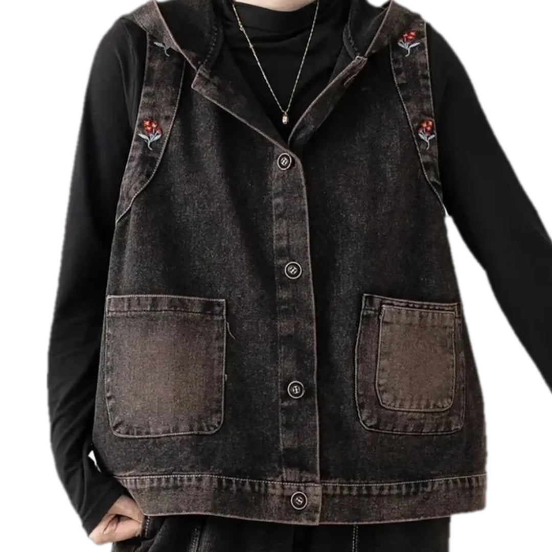 Embroidered Women's Denim Vest - Black