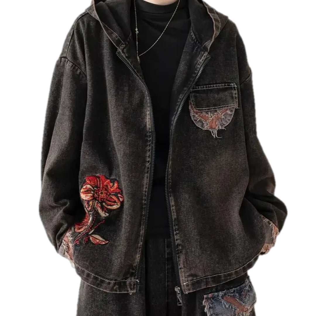 Botanical Embroidered Women's Jean Jacket - Black