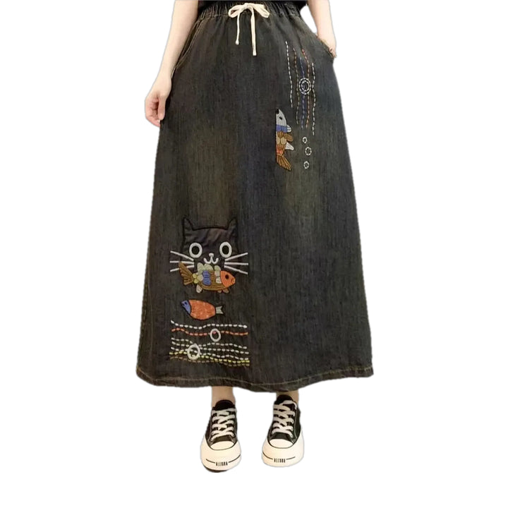 Artistic High-waist Boho Denim Skirt - Grey