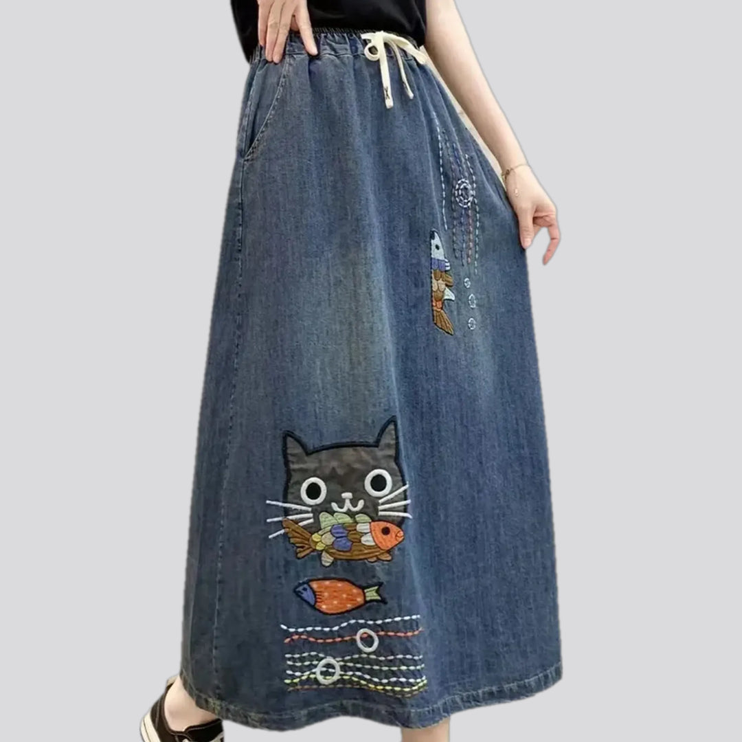 Artistic high-waist boho denim skirt