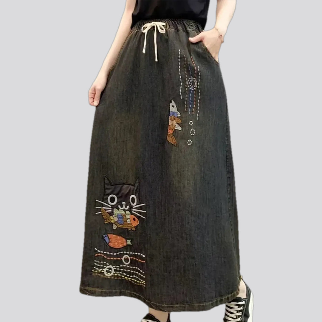 Artistic high-waist boho denim skirt