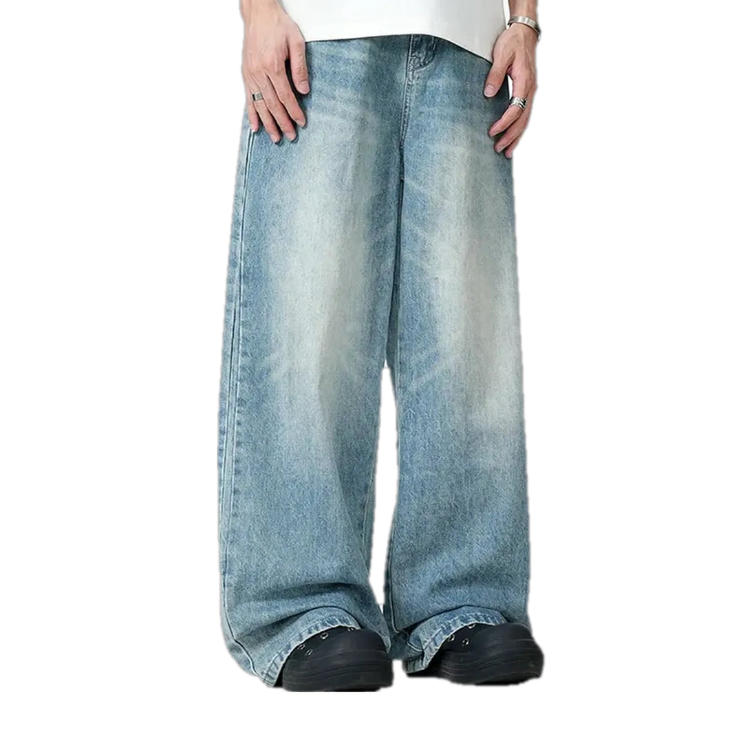 Baggy Style Abraded Men's Jeans - Light Blue