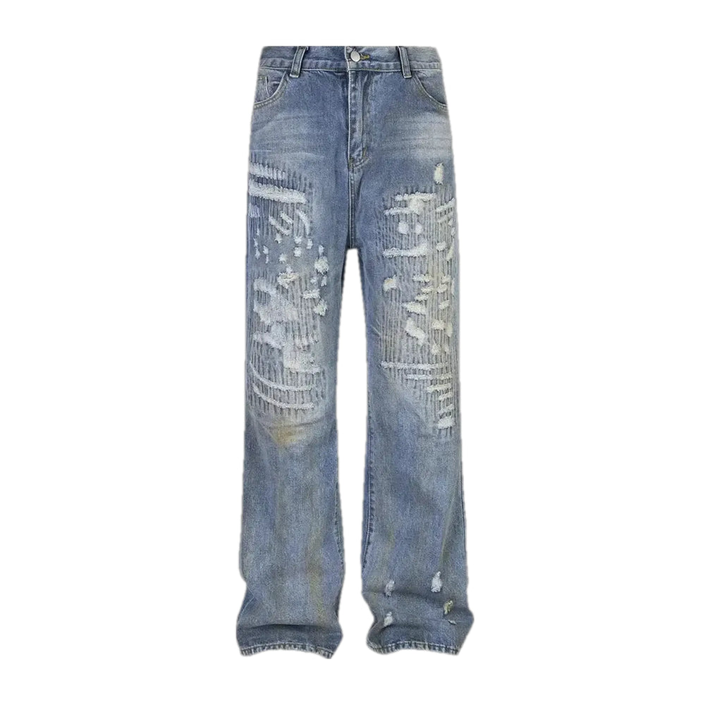 Straight Fit and Torn Men's Jeans - Light Blue