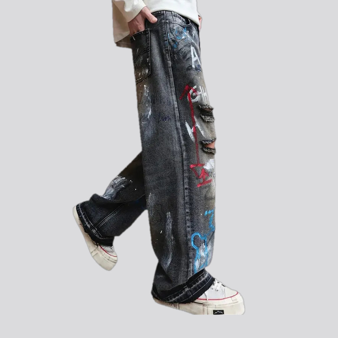 Artistic painted baggy men's jeans