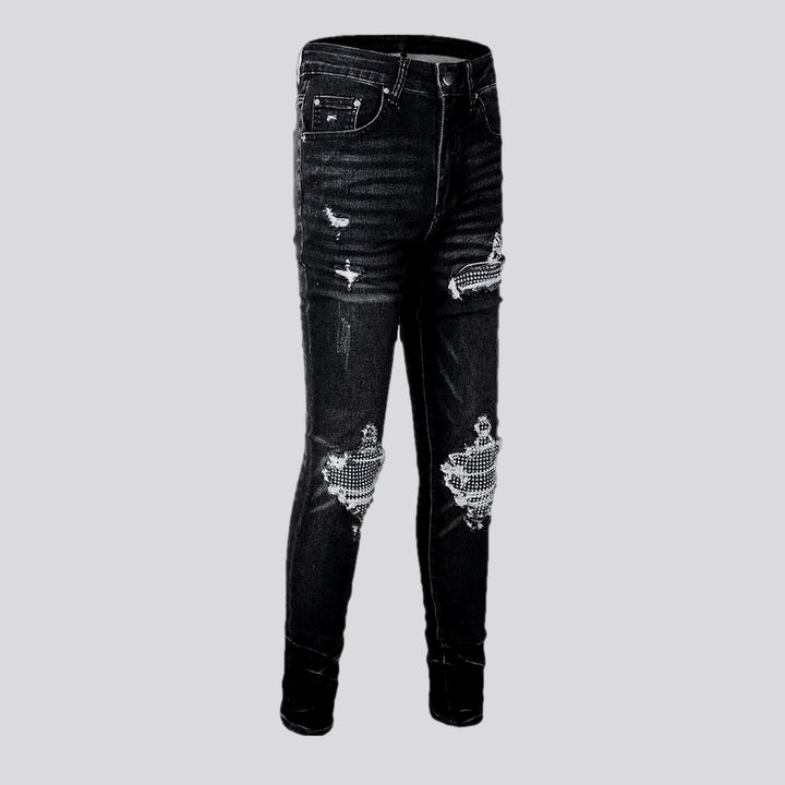 Embellished diamond pattern skinny men's jeans