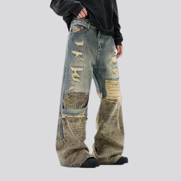 Mid-rise torn mixed fashion men's jeans