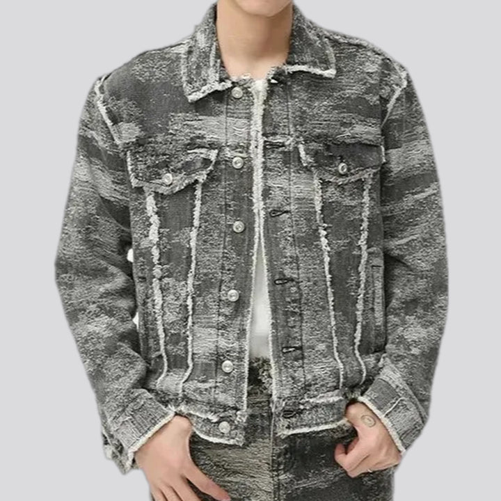 Distressed cropped army men's denim jacket