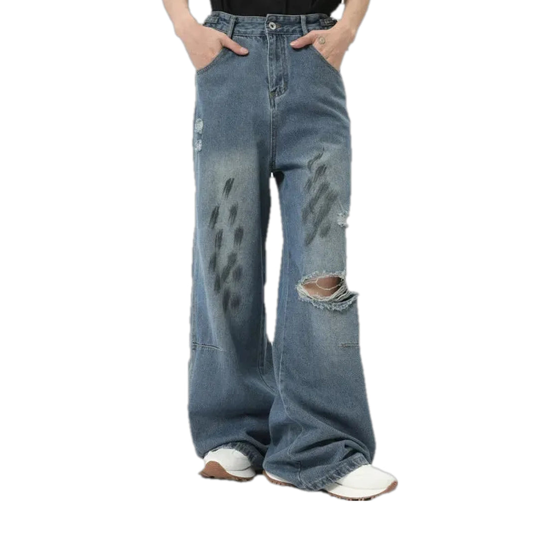 Ripped Whiskered Grunge Jeans for Men - Blue