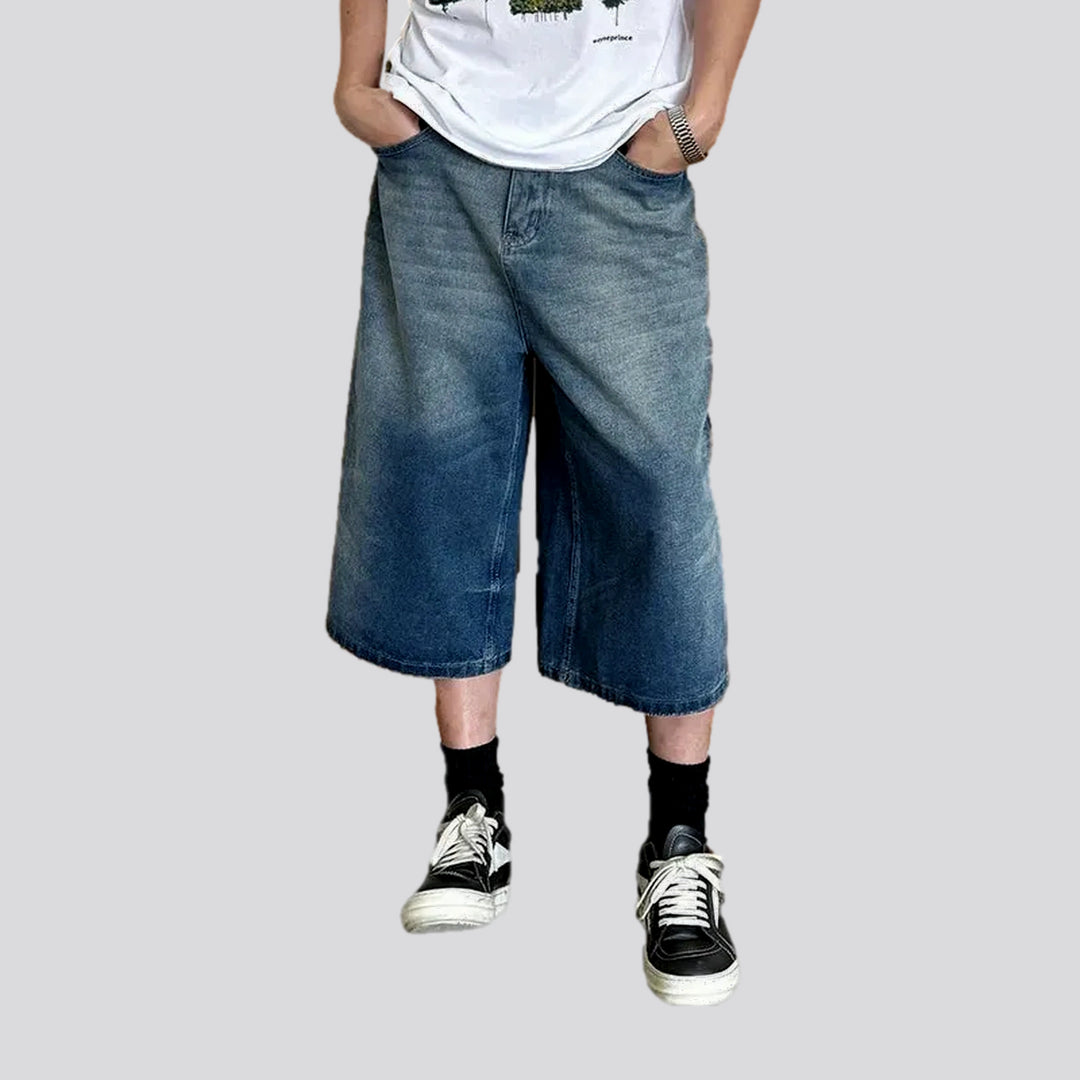 Baggy-leg and abraded men's denim shorts