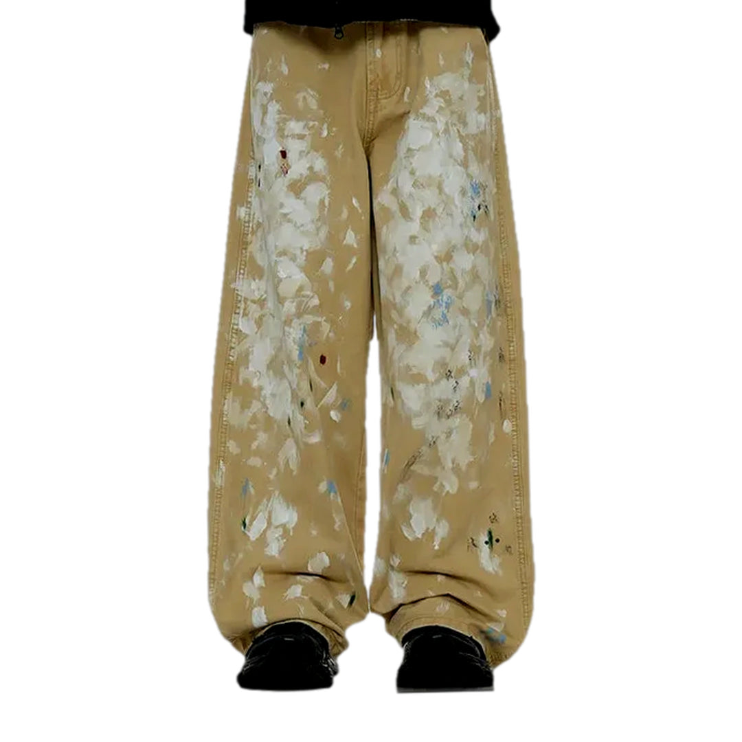 Trendy Painted Baggy Style Men's Denim Pants - Sand