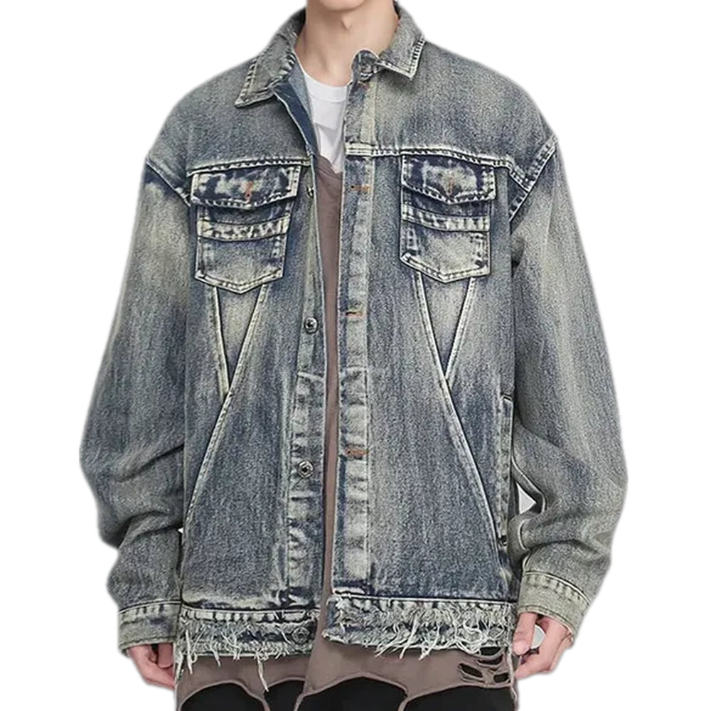 Frayed Retro Men's Denim Jacket - Blue