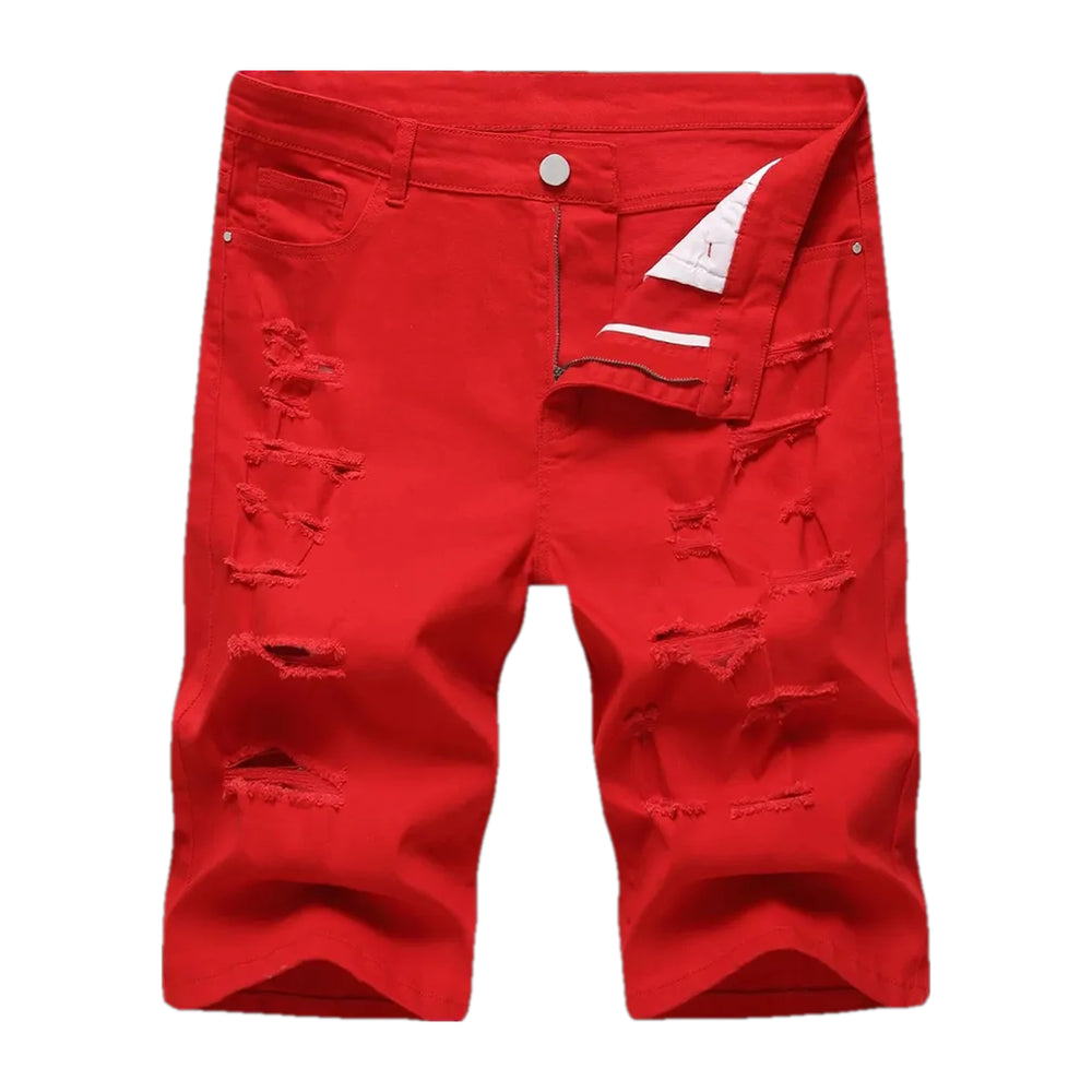 Colored Mid Rise Elastic Men's Denim Shorts - Red