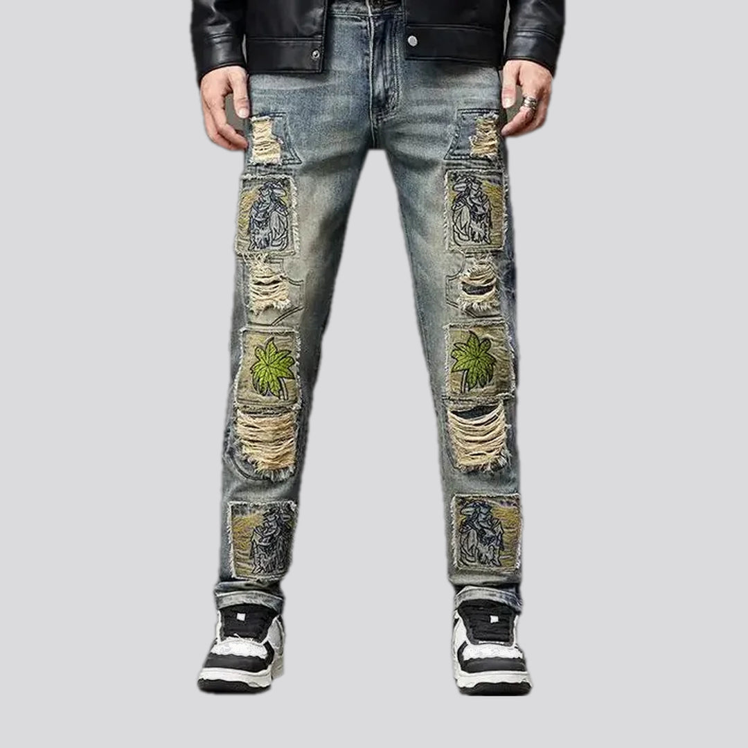 Boho style mid-rise men's jeans