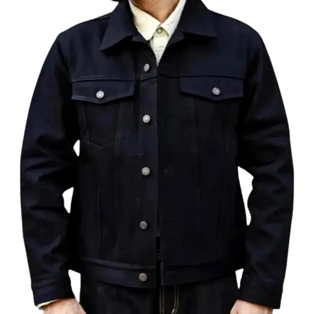 Regular Fit Single Color Men's Denim Jacket - Dark Blue