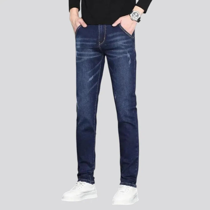 Fitted casual dark distressed jeans for men