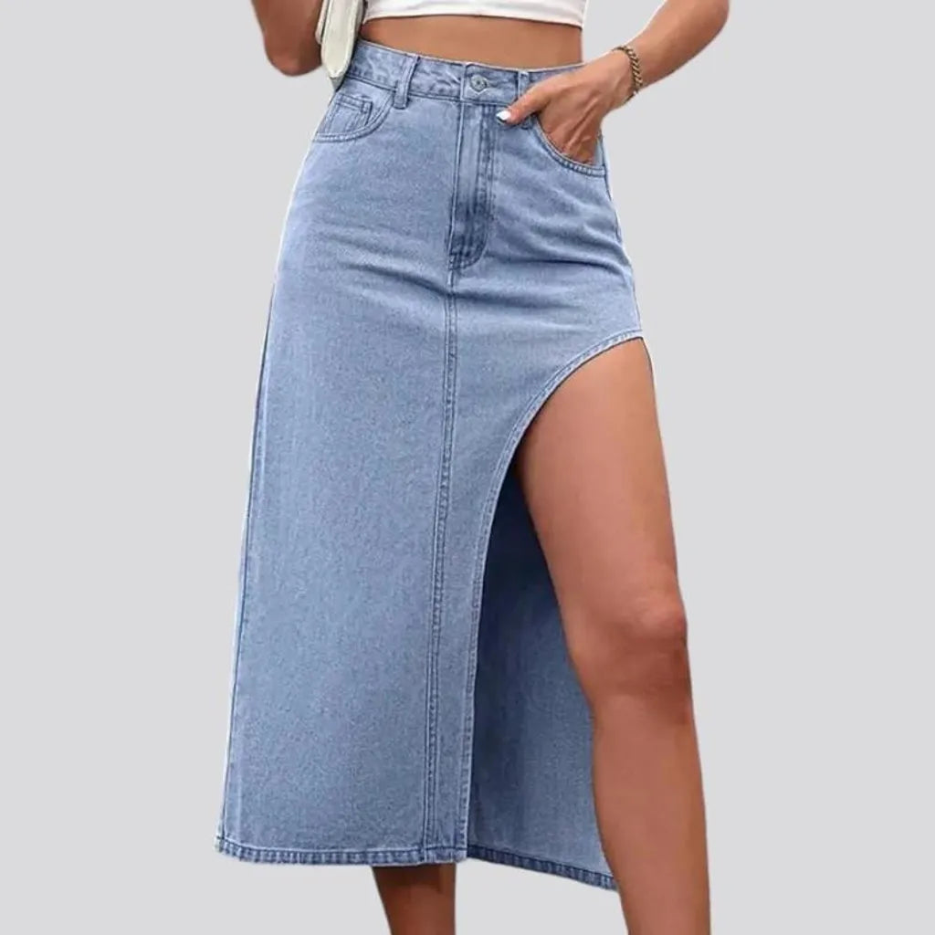 slit, light-wash, asymmetric, long, high-waist, 5-pockets, zipper-button, women's skirt | Jeans4you.shop