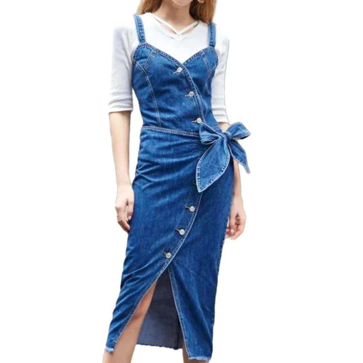 90s Style Slit Denim Dress - Blue