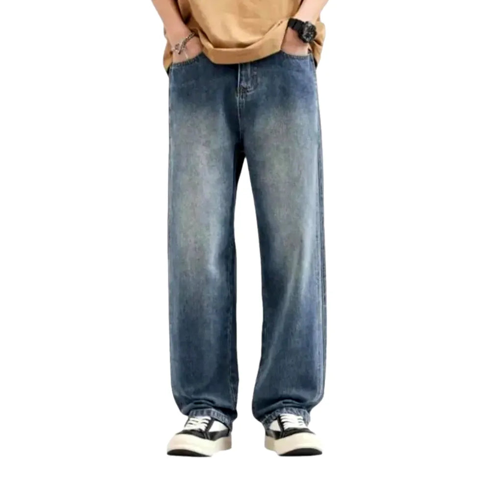 Sanded Medium Pattern Retro Men's Jeans - Blue