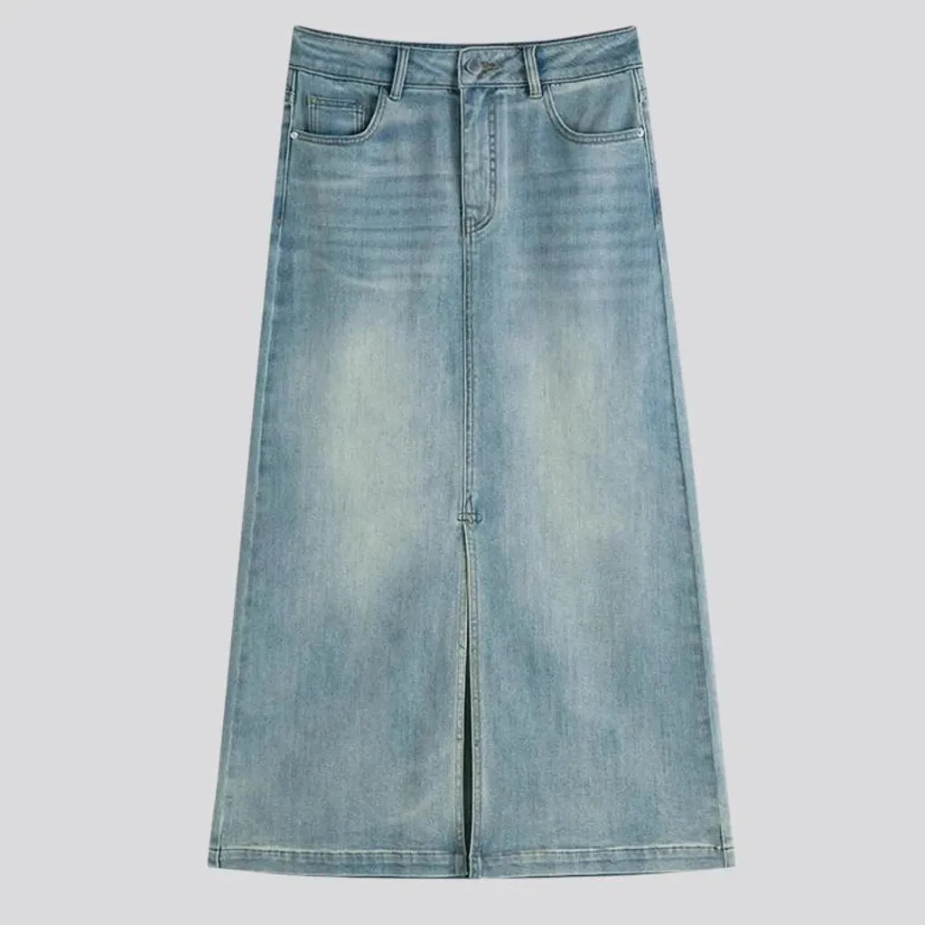 Casual vent light washed denim skirt