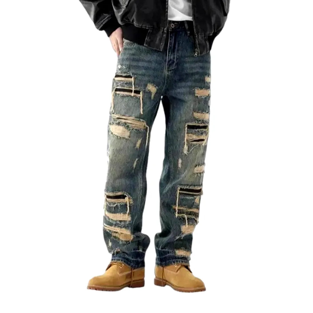 Fashionable Mid Rise Grunge Men's Jeans - Blue