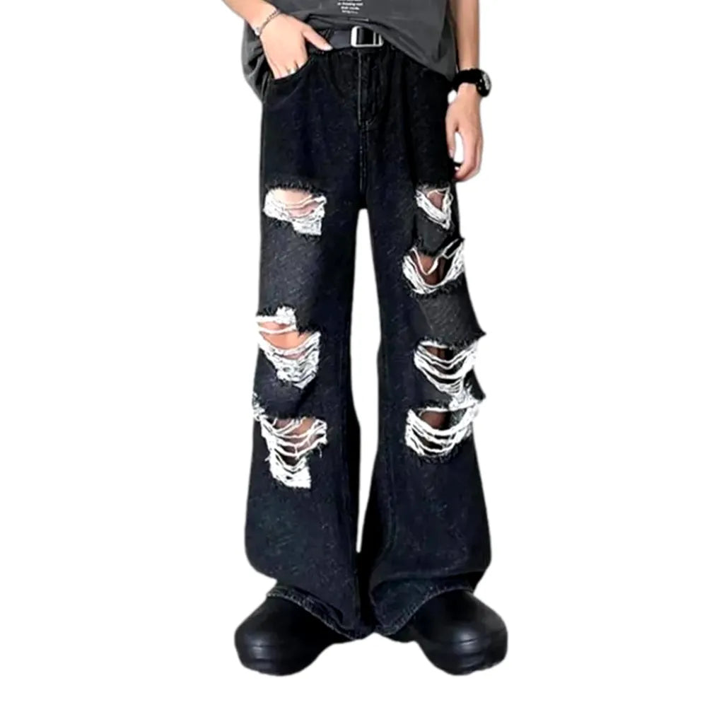 Boho Grunge Style Mid Rise Men's Jeans - Black