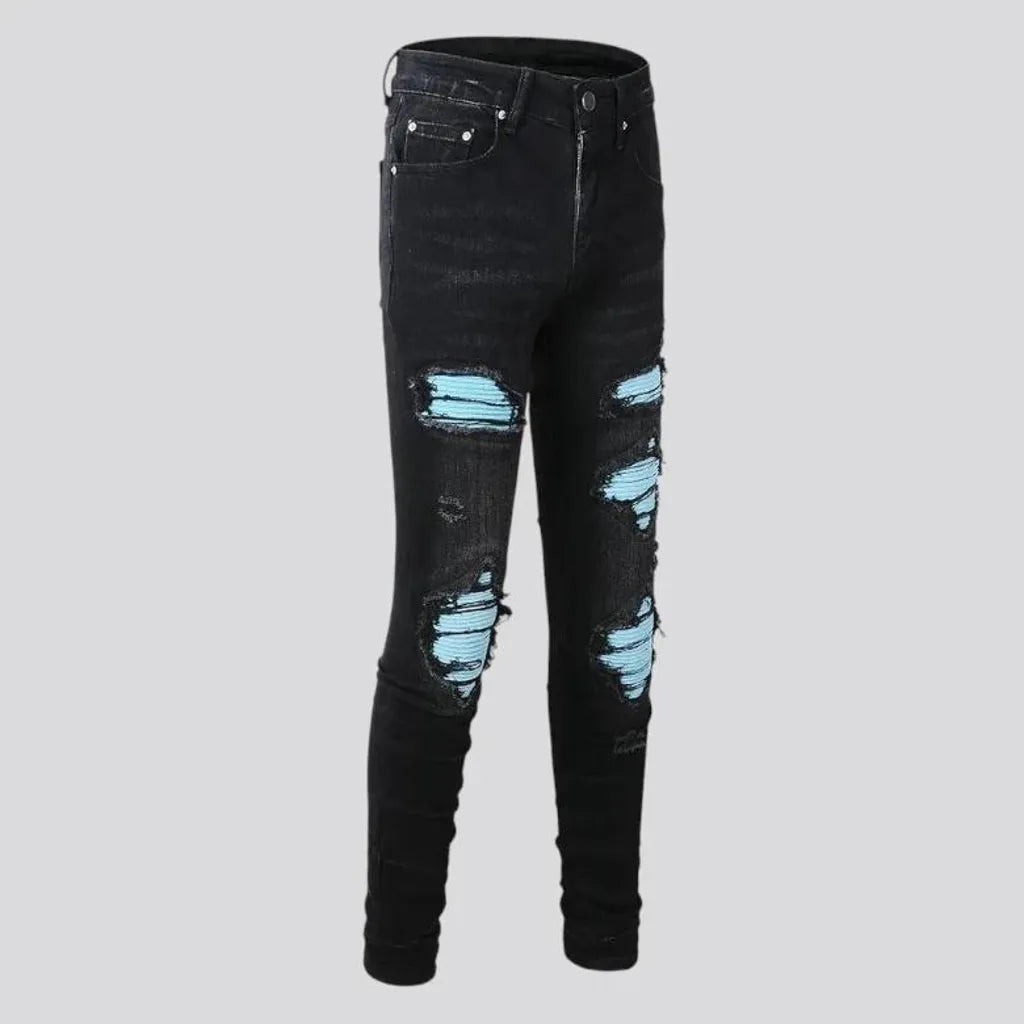 Skinny distressed patchwork motorcycle men's jeans