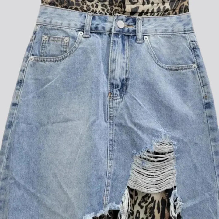 Distressed leopard print denim skirt