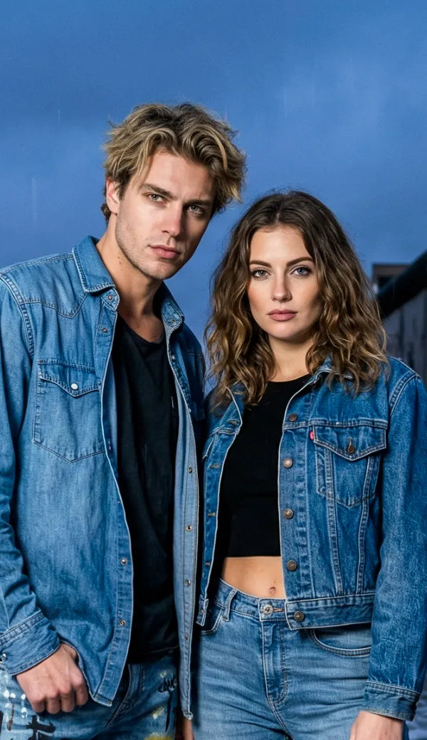 Two people wearing denim jackets standing against a blue sky.