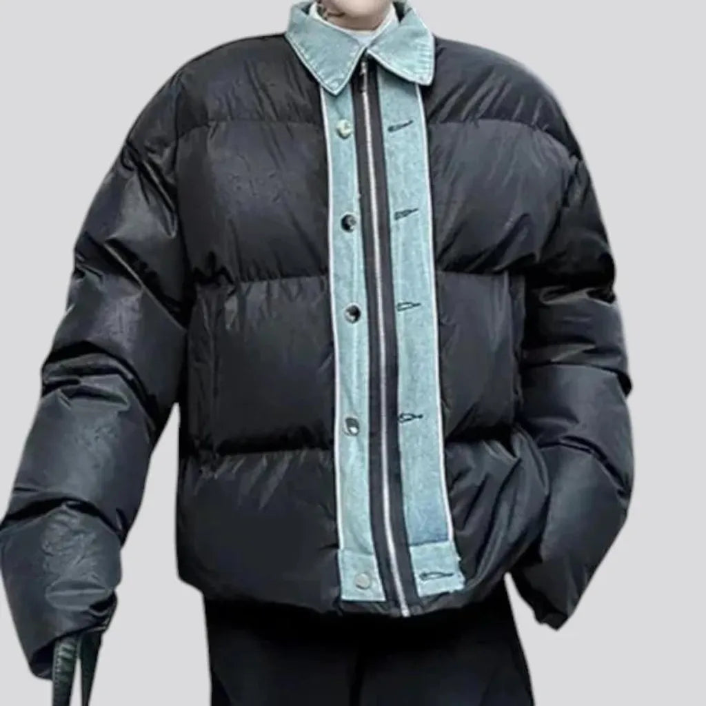 Denim collar quilted men's jean puffer jacket