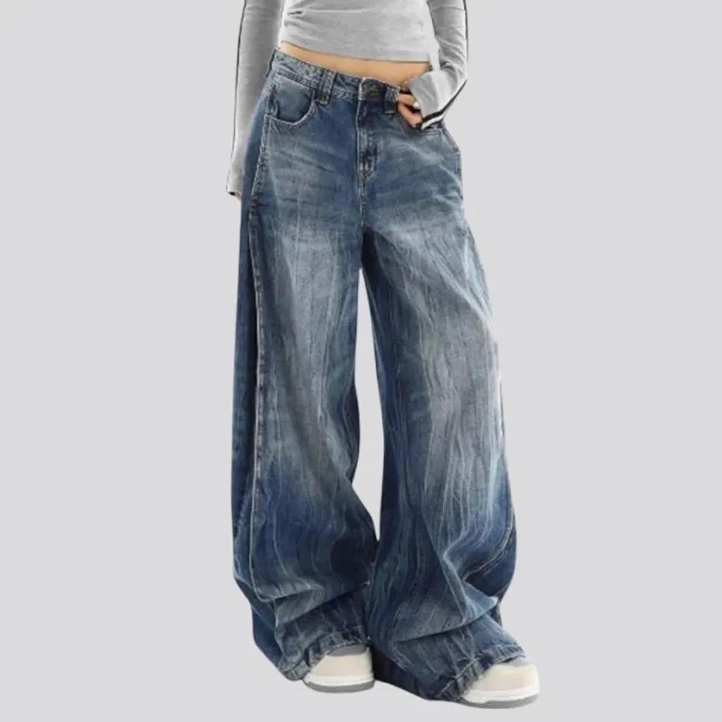 Baggy-leg high-rise faded wash jeans for ladies