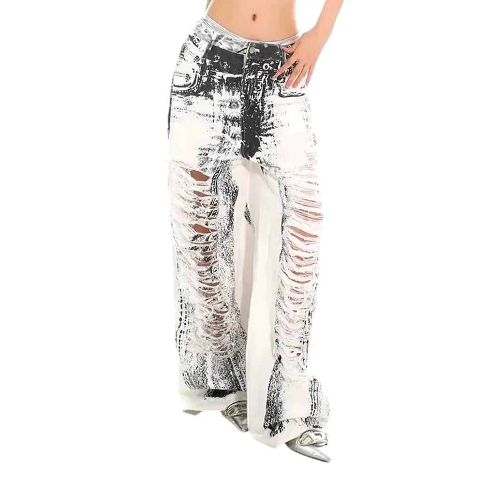 Boho Distressed Painted Baggy Jeans for Women - White