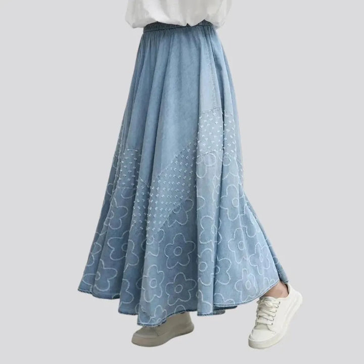 Embroidered high rise denim skirt