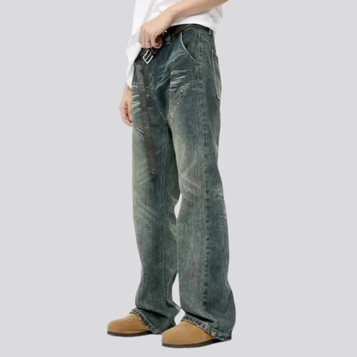 Baggy over dyed whiskered jeans for men