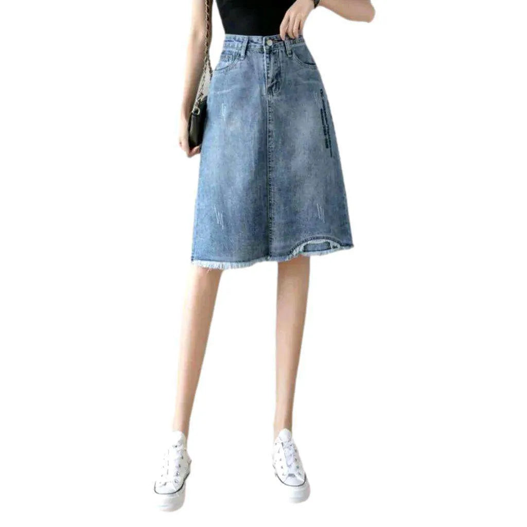 Asymmetric curve embroidered denim skirt